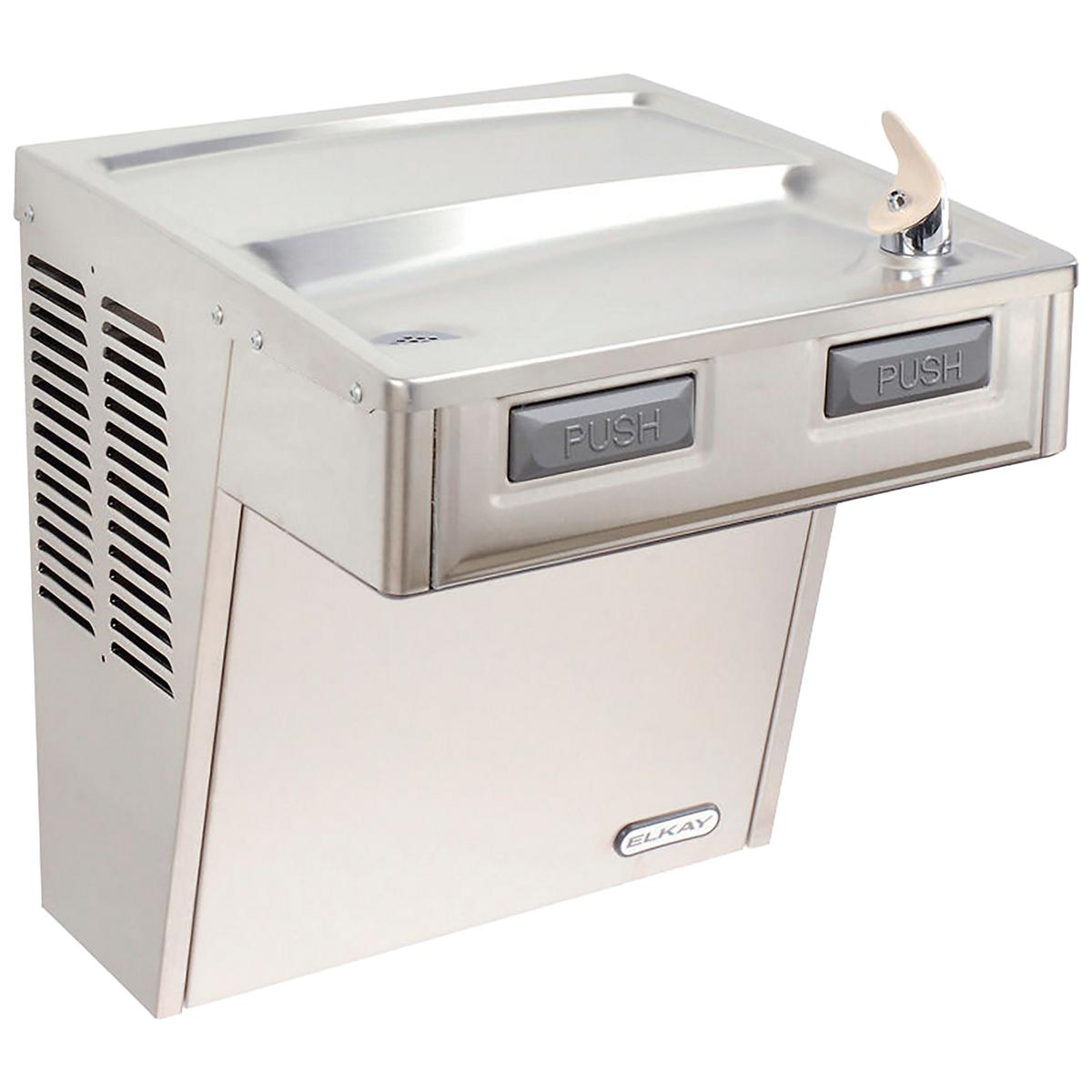 Stainless steel wall-mounted water cooler with dual push-button dispensers, refrigeration unit, and chrome drinking fountain 