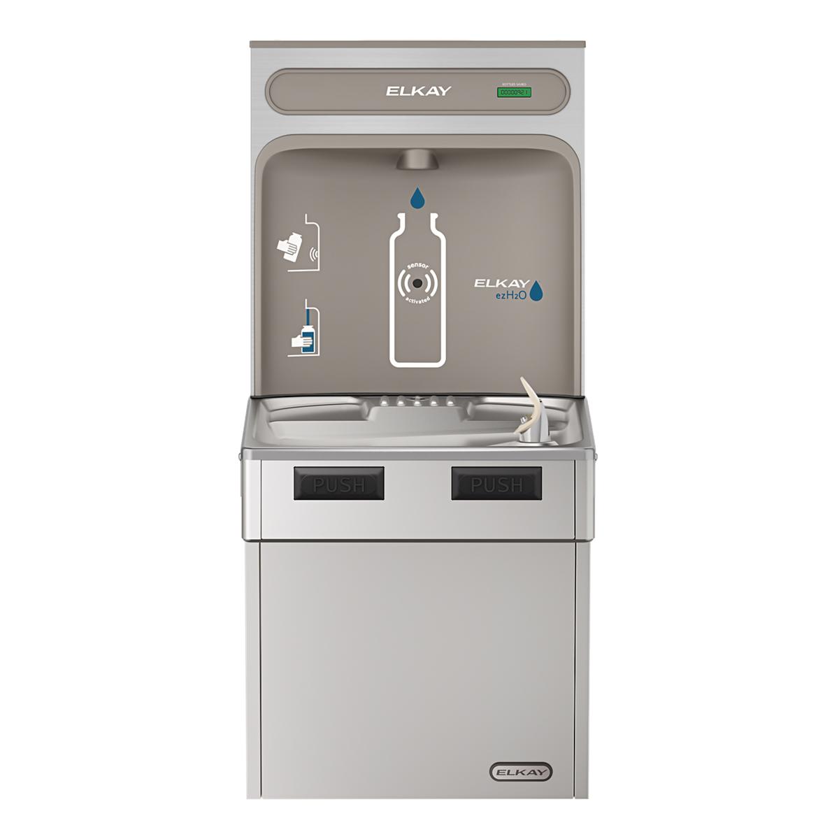 Stainless steel Elkay water bottle filling station with dual push-button dispensers and refrigerated cooler base.