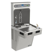 Light gray Elkay ezH2O bottle filling station with stainless steel basin, mechanical activation button, and single cooler uni