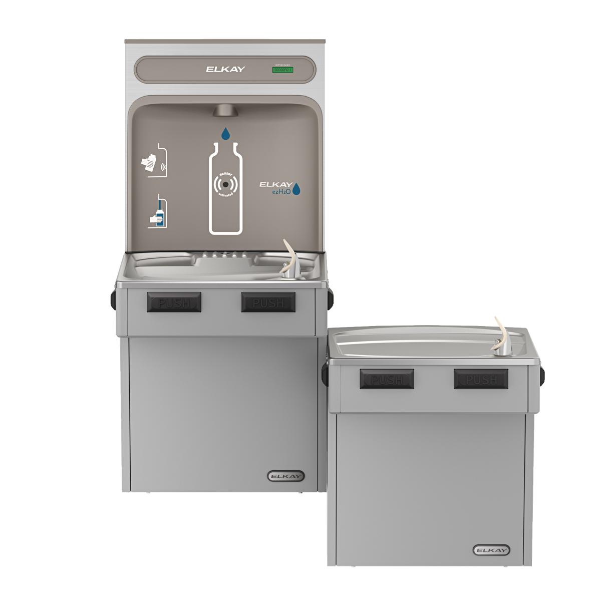 Light gray Elkay ezH2O bottle filling station with dual-level dispensers and mechanical activation buttons.