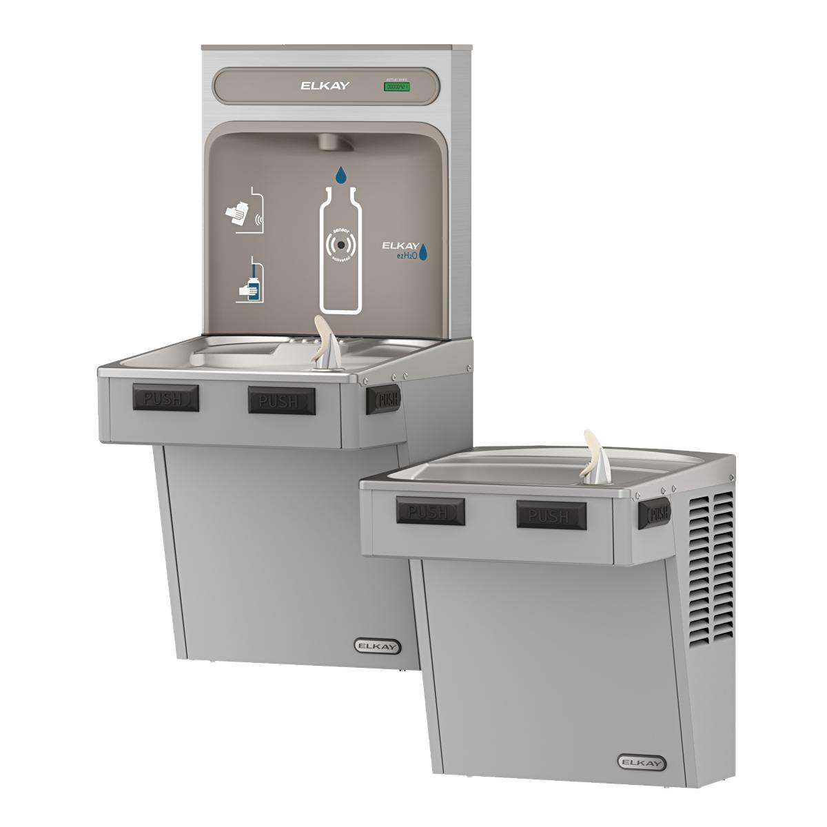 Light gray Elkay ezH2O bottle filling station with two bi-level drinking fountains and refrigerated water dispenser.