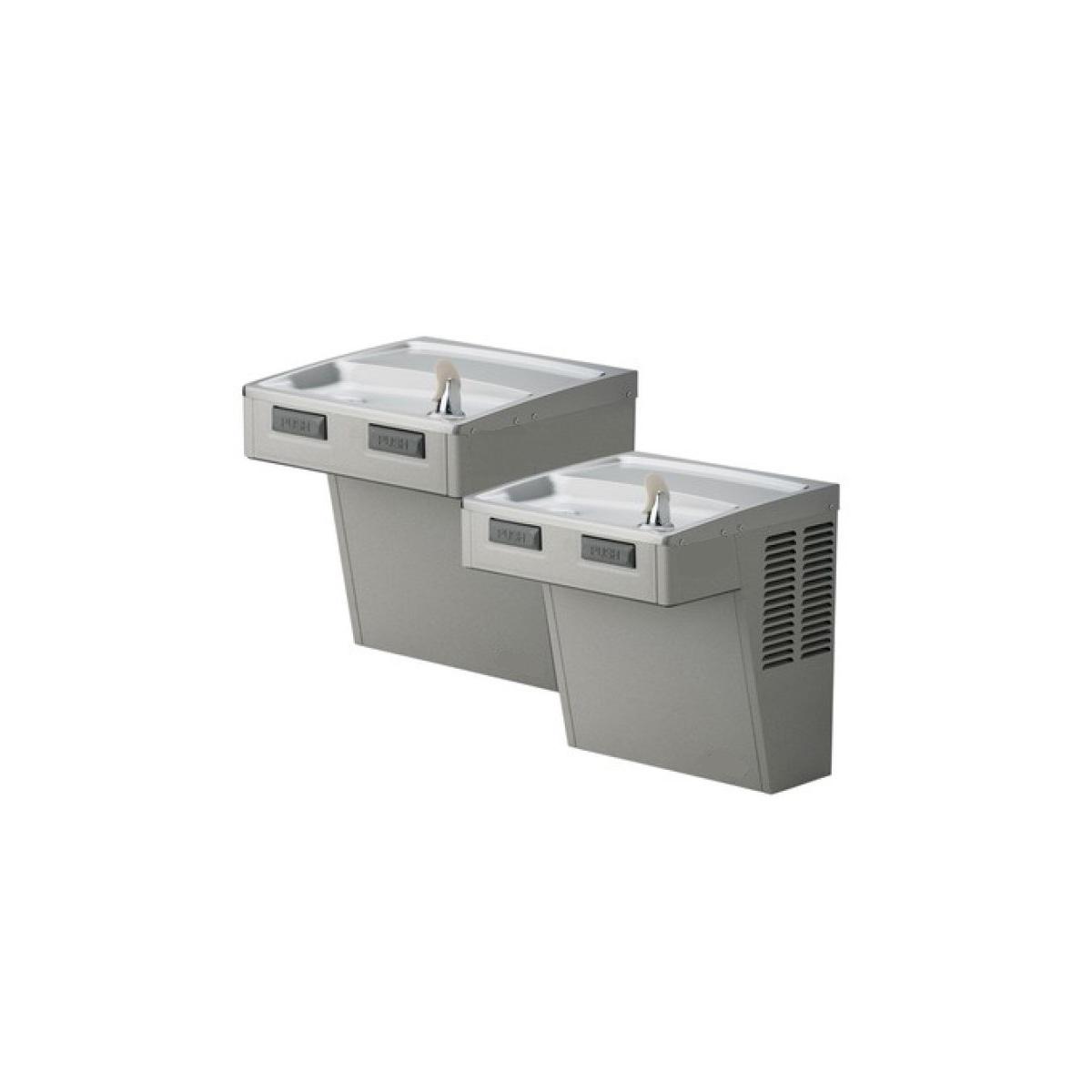 Light gray granite wall-mounted bi-level water cooler with two basins and mechanical activation buttons.