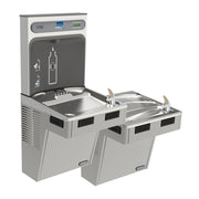 Light gray Elkay ezH2O bottle filling station with dual bi-level drinking fountains and mechanical activation.