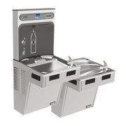 Stainless steel dual-level water filling station with two basins, mechanical activation buttons, and dark panel display showi