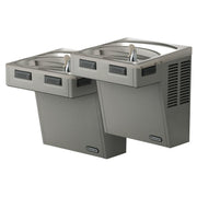 Light gray granite wall-mounted dual-level water cooler with push buttons and stainless steel basins.