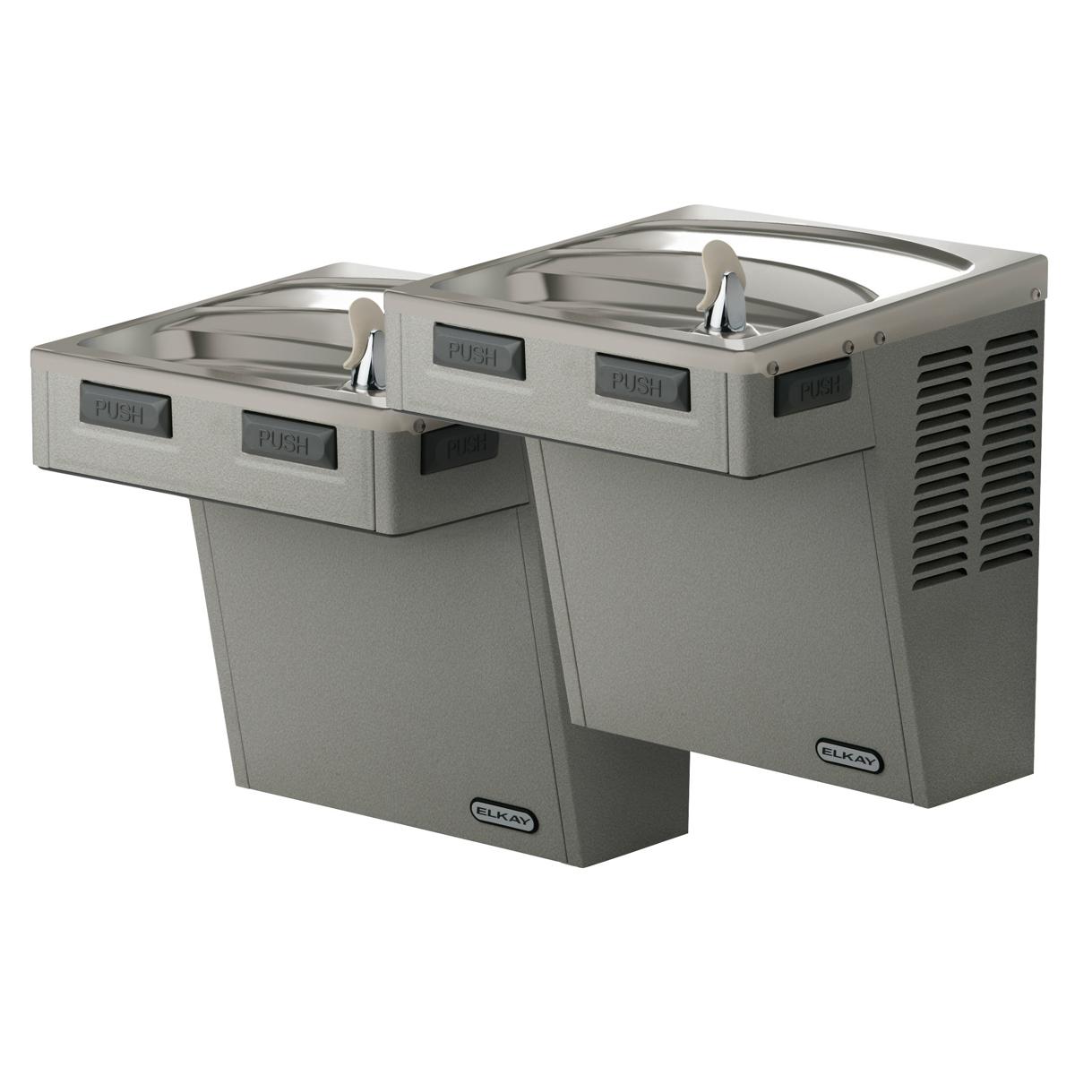 Light gray granite wall-mounted dual-level water cooler with push buttons and stainless steel basins.