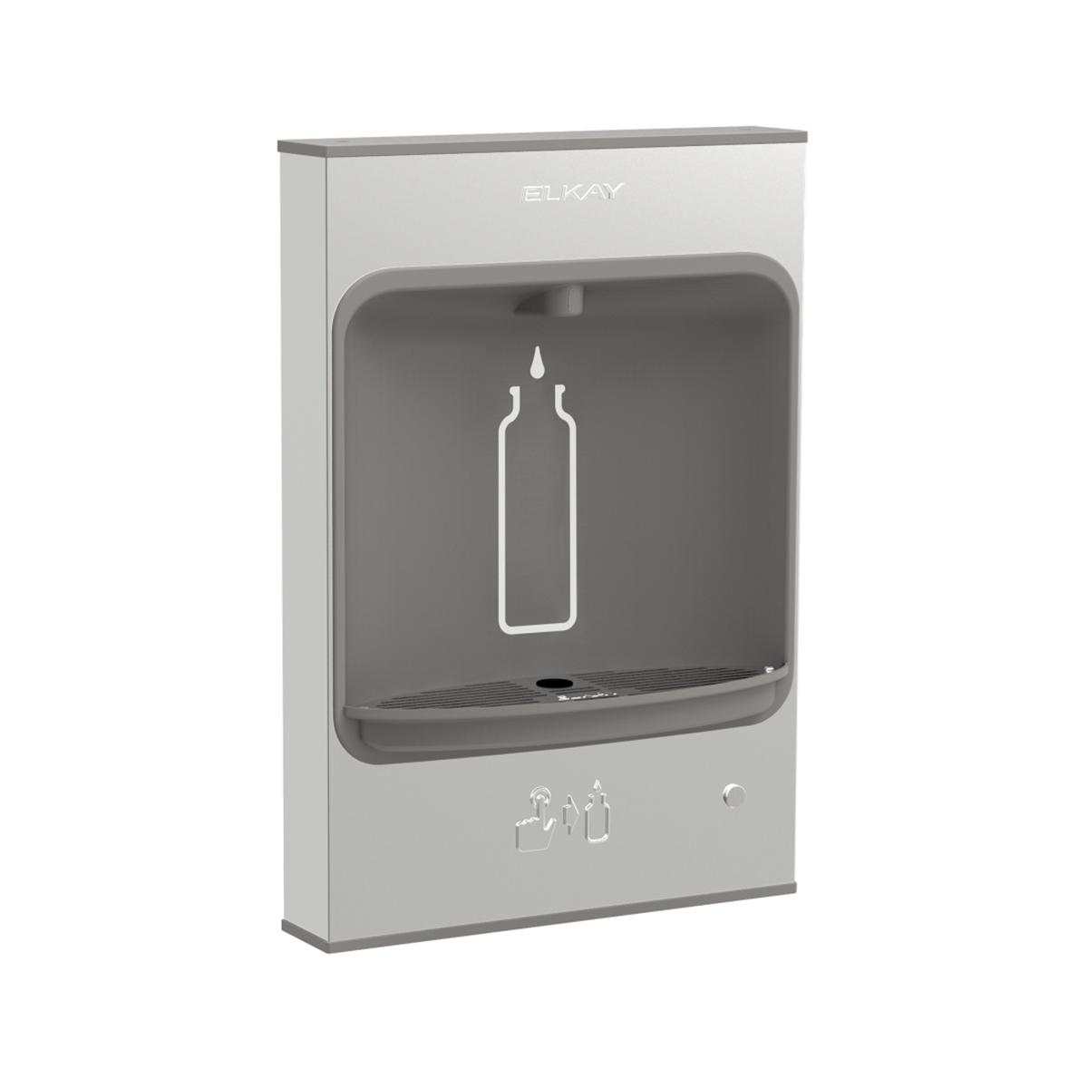 Stainless steel Elkay ezH2O bottle filling station with rounded front opening and bottle graphic display.