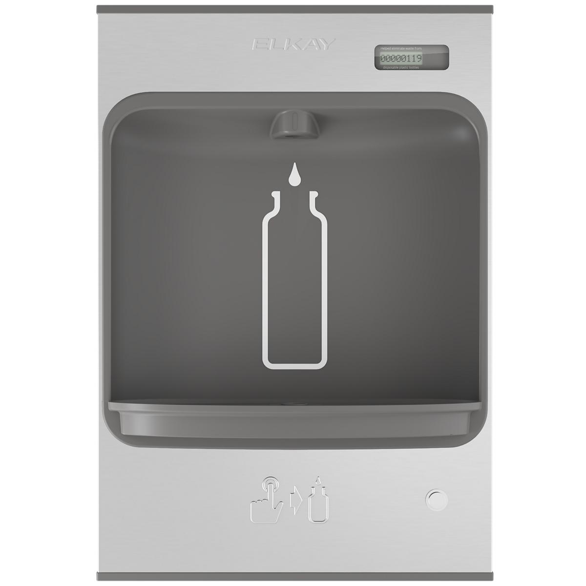 Elkay stainless steel bottle filling station with dark basin, faucet controls, and bottle icon display on front panel.