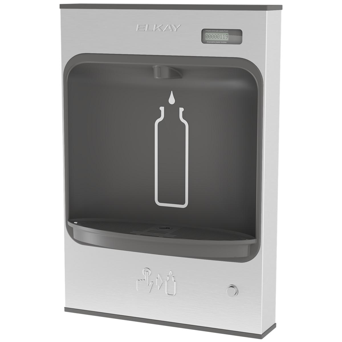 Elkay ezH2O stainless steel surface mount bottle filling station with mechanical controls and digital display.