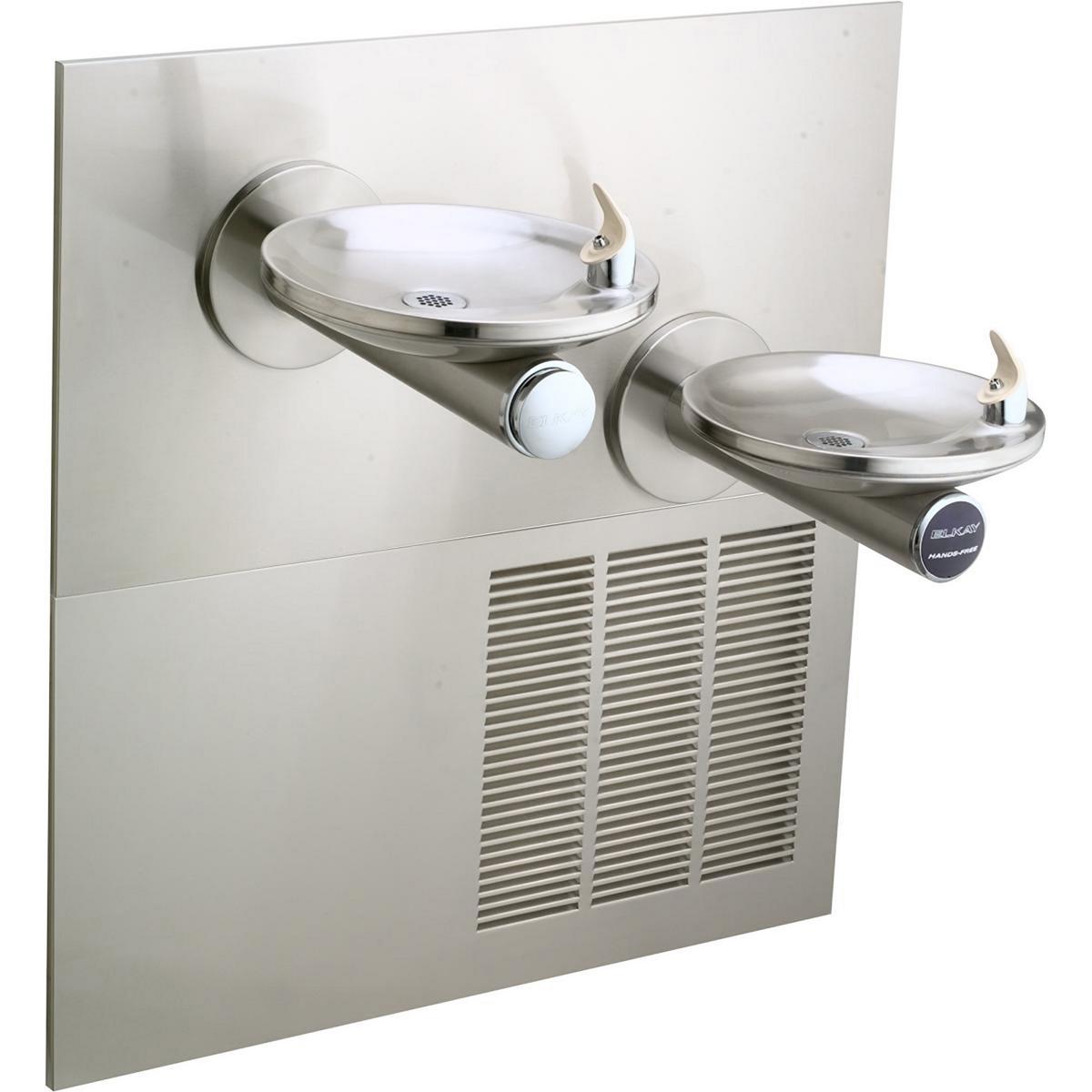 Stainless steel wall-mounted water fountain with two curved drinking bowls at different heights and sensor activation buttons