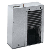 Gray refrigerated chiller unit with control panel, finned cooling coils, and metal mesh venting on right side.