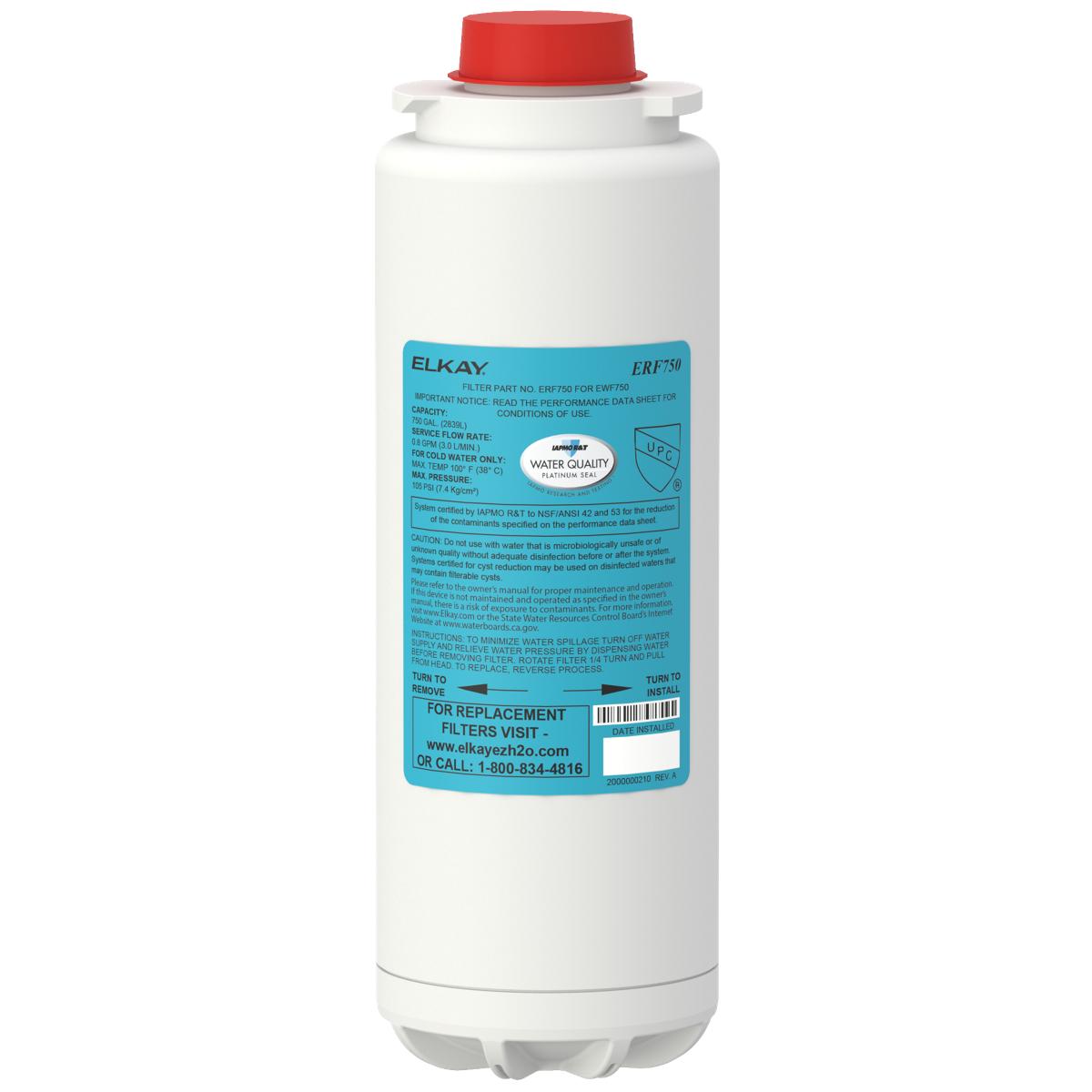 White cylindrical filter cartridge with red cap and blue Elkay label showing model ERF750 specifications.