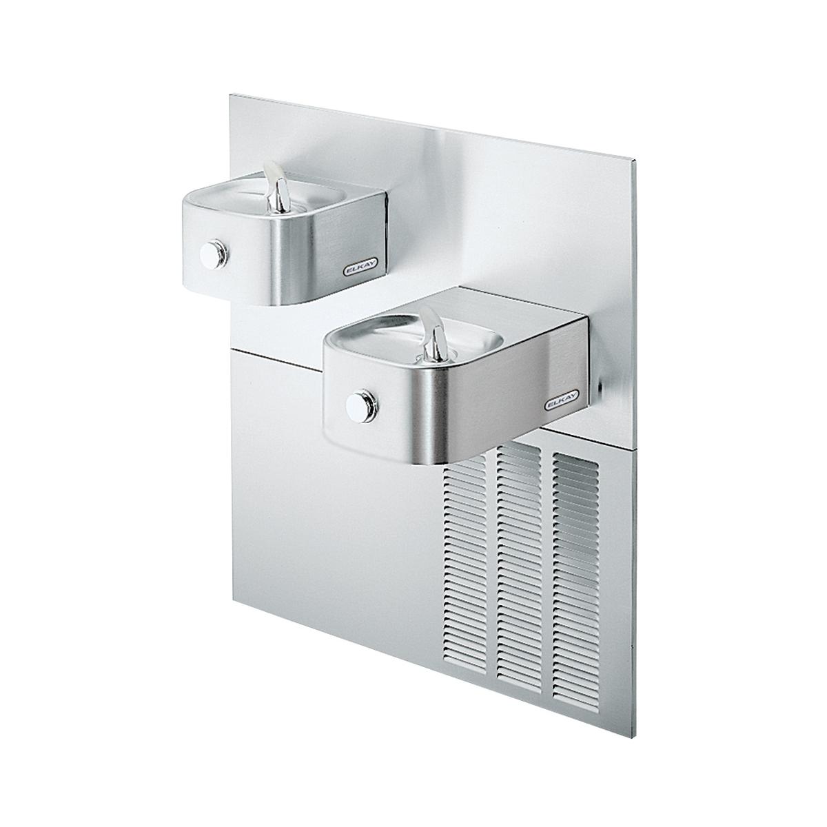 Stainless steel water fountain with two drinking bowls at different heights and refrigeration unit below.