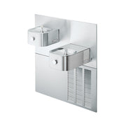Stainless steel water fountain with two drinking bowls at different heights and refrigeration unit below.