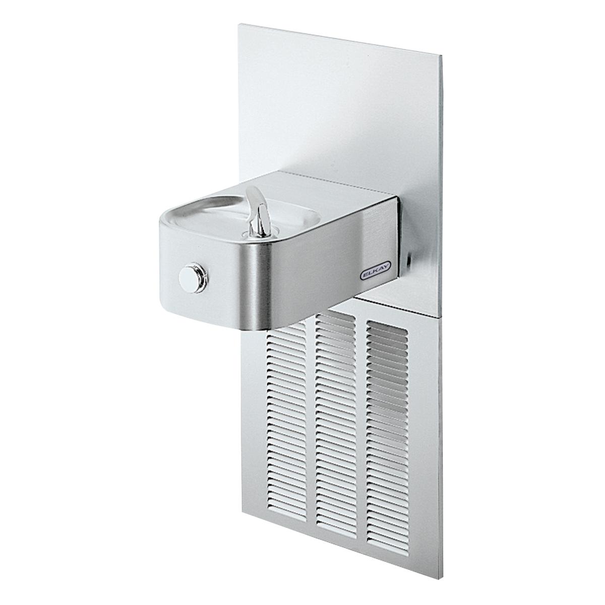 Stainless steel wall-mounted water fountain with curved bowl, chrome spout, and refrigeration unit below.