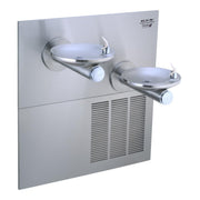 Stainless steel wall-mounted water fountain with two bowl stations at different heights and refrigeration unit below.