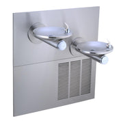 Stainless steel wall-mounted bi-level water fountain with two oval basins, control buttons, and refrigeration unit with venti