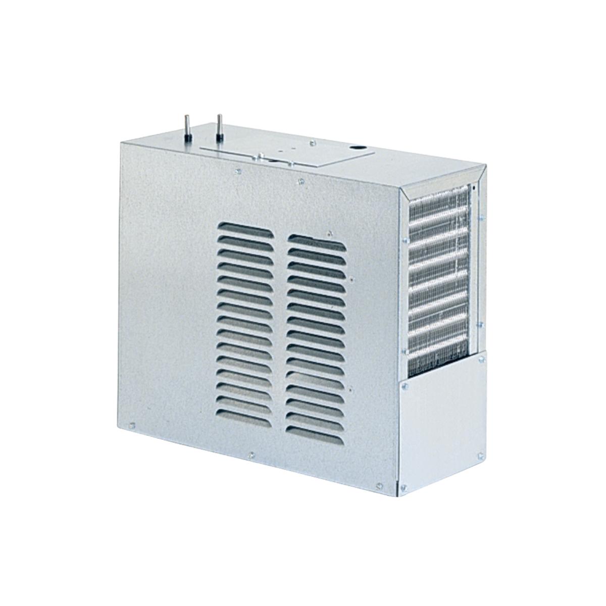 Stainless steel remote chiller unit with louvered vents on front and side, two fill ports on top surface.