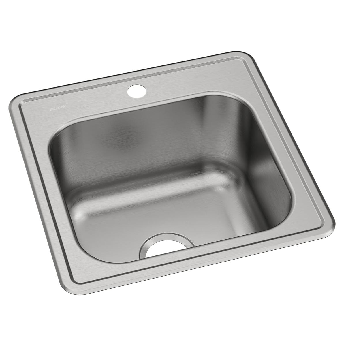 Stainless steel drop-in laundry sink with single bowl and one faucet hole on rim.