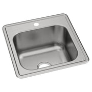 Stainless steel drop-in laundry sink with single bowl and one faucet hole on rim.