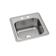Stainless steel drop-in laundry sink with single bowl and two faucet holes on the rim.