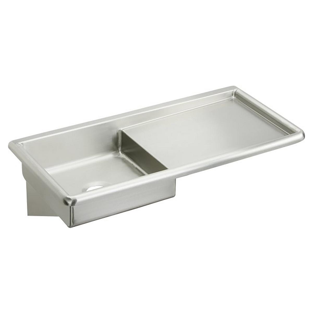 Stainless steel wall-hung service sink with one larger and one smaller basin compartment.