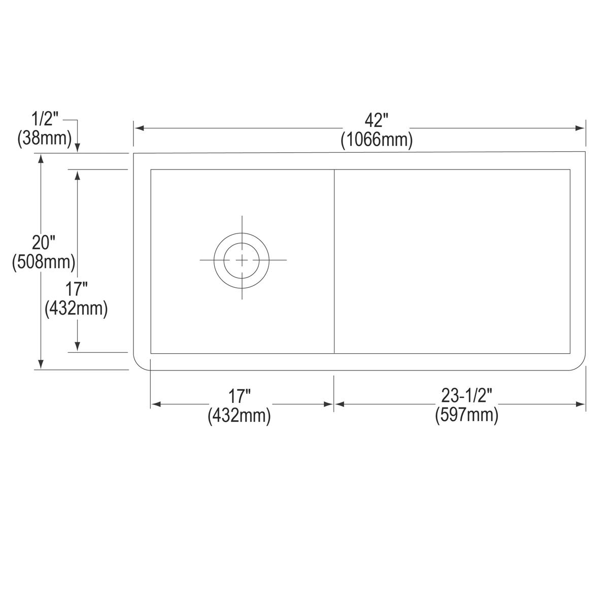 Stainless steel wall-hung service sink with single drain opening, 42" wide x 20" deep x 6" deep.