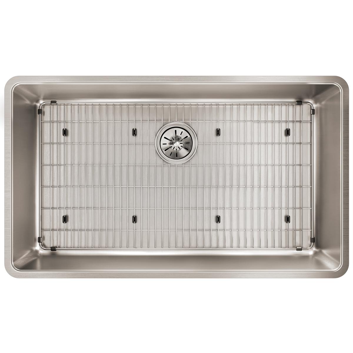 Stainless steel sink grid with vertical wire pattern and center drain hole, featuring corner mounting feet.