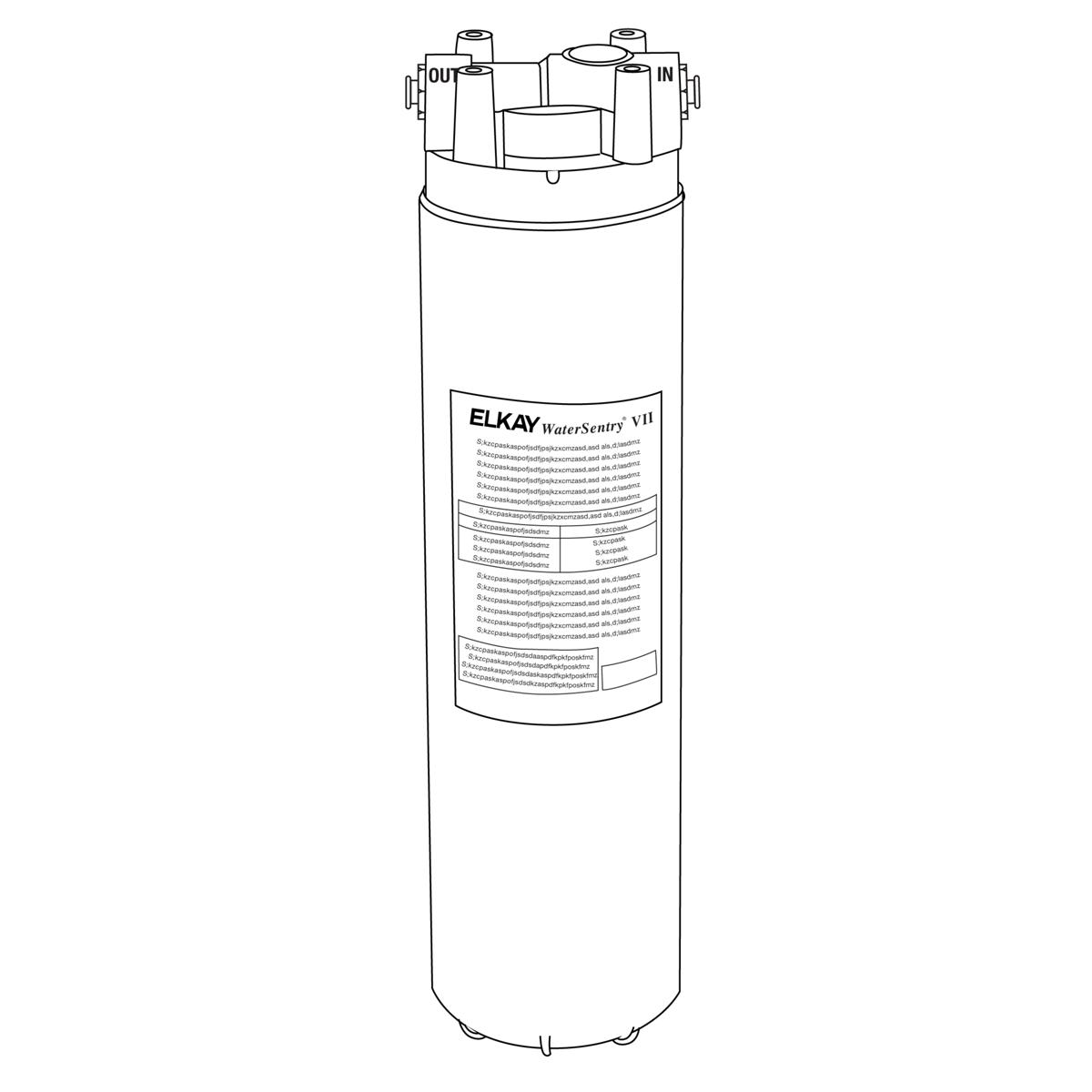 Elkay WaterSentry VII cylindrical filter cartridge with labeled top connections and inlet/outlet ports.