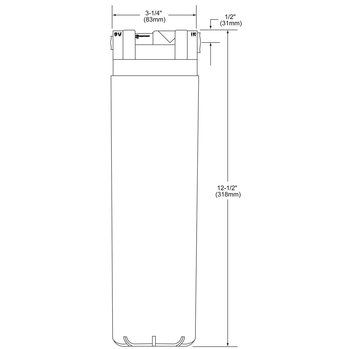 Elkay WaterSentry filter cartridge with dimensions showing 3-1/4" width, 1/2" depth, and 12-1/2" height.