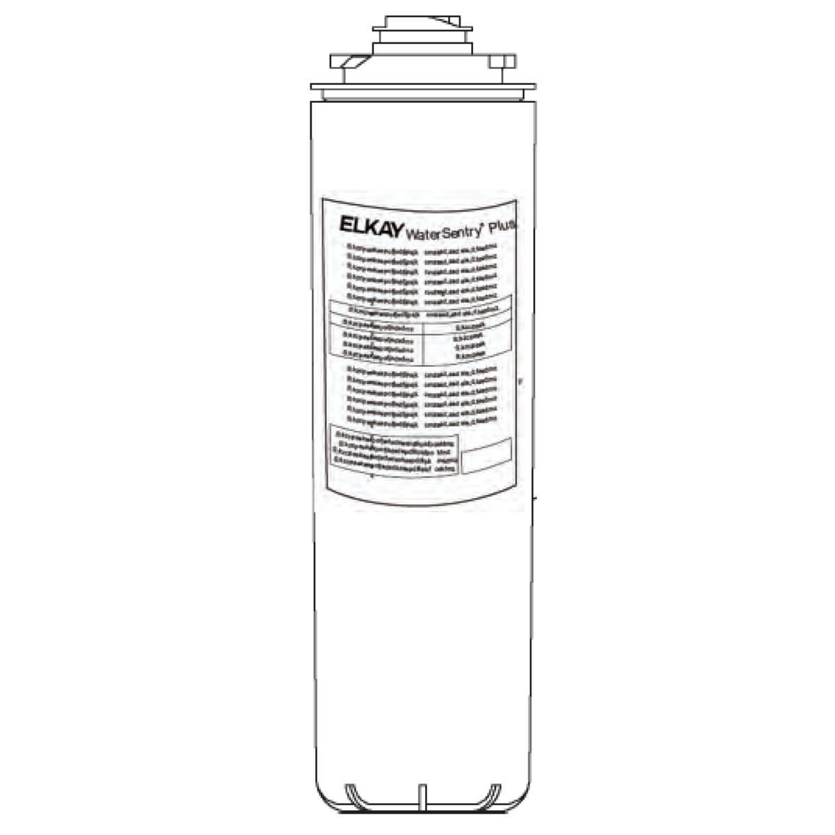 Elkay WaterSentry Plus cylindrical replacement filter cartridge with labeled specifications and mounting hardware.