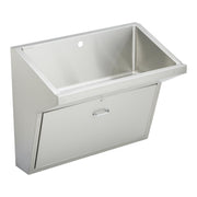 Stainless steel wall-hung scrub sink with single basin, cabinet base, and drain hole.