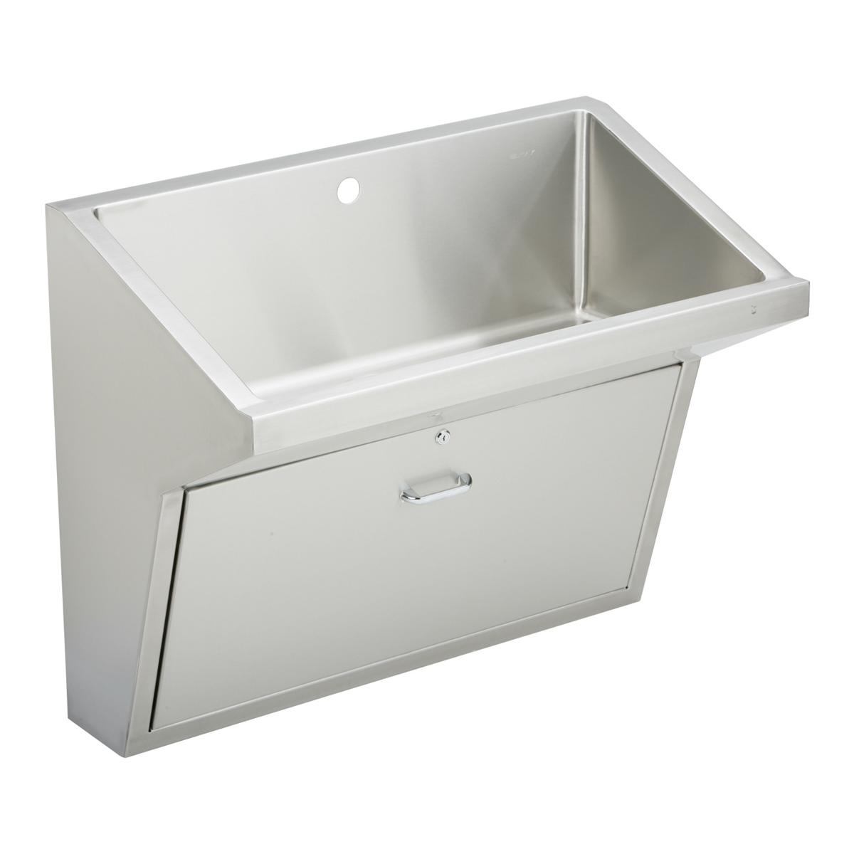 Stainless steel wall-hung scrub sink with single basin, cabinet base, and drain hole.