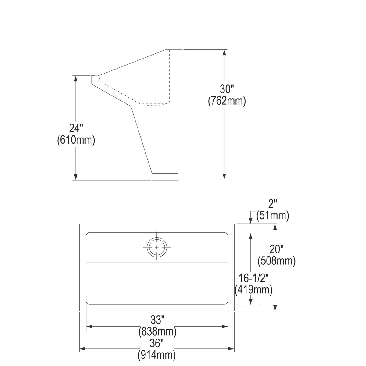 Stainless steel wall-hung surgeon scrub sink with single basin, top and front elevation technical drawings with dimensions.