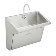 Stainless steel wall-mounted surgical scrub sink with gooseneck faucet and single basin compartment with cabinet below.