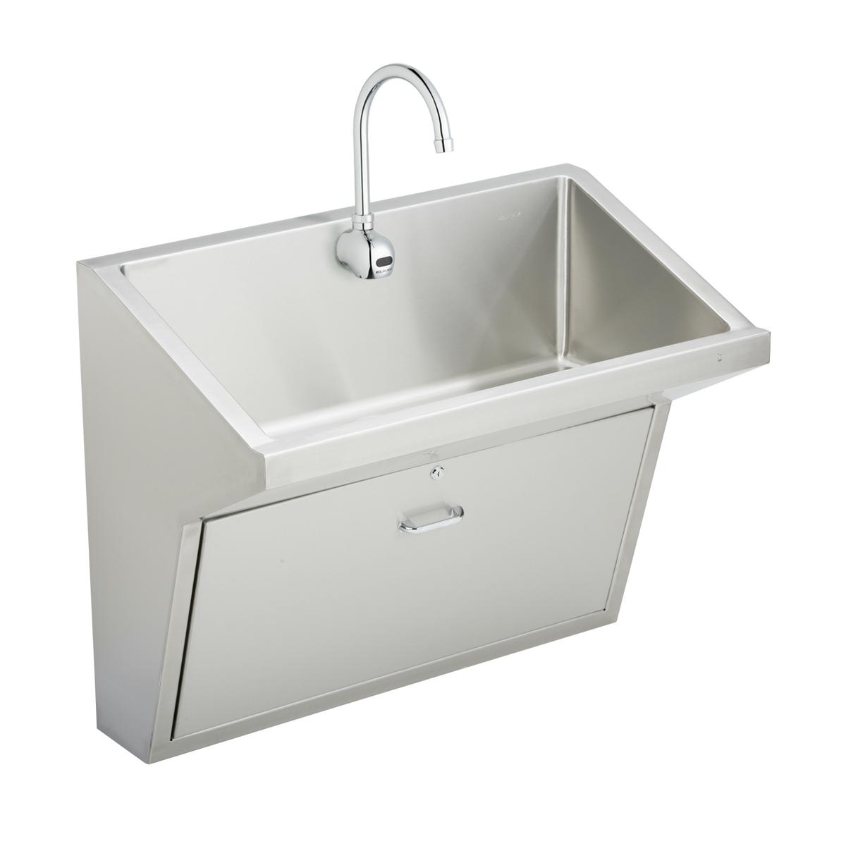 Stainless steel wall-mounted surgical scrub sink with gooseneck faucet and single basin compartment with cabinet below.