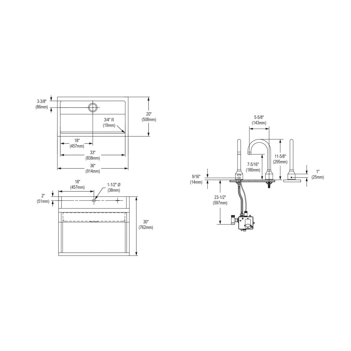 Stainless steel wall-mounted surgical scrub sink with top and side views showing basin, faucet, and detailed dimensions.