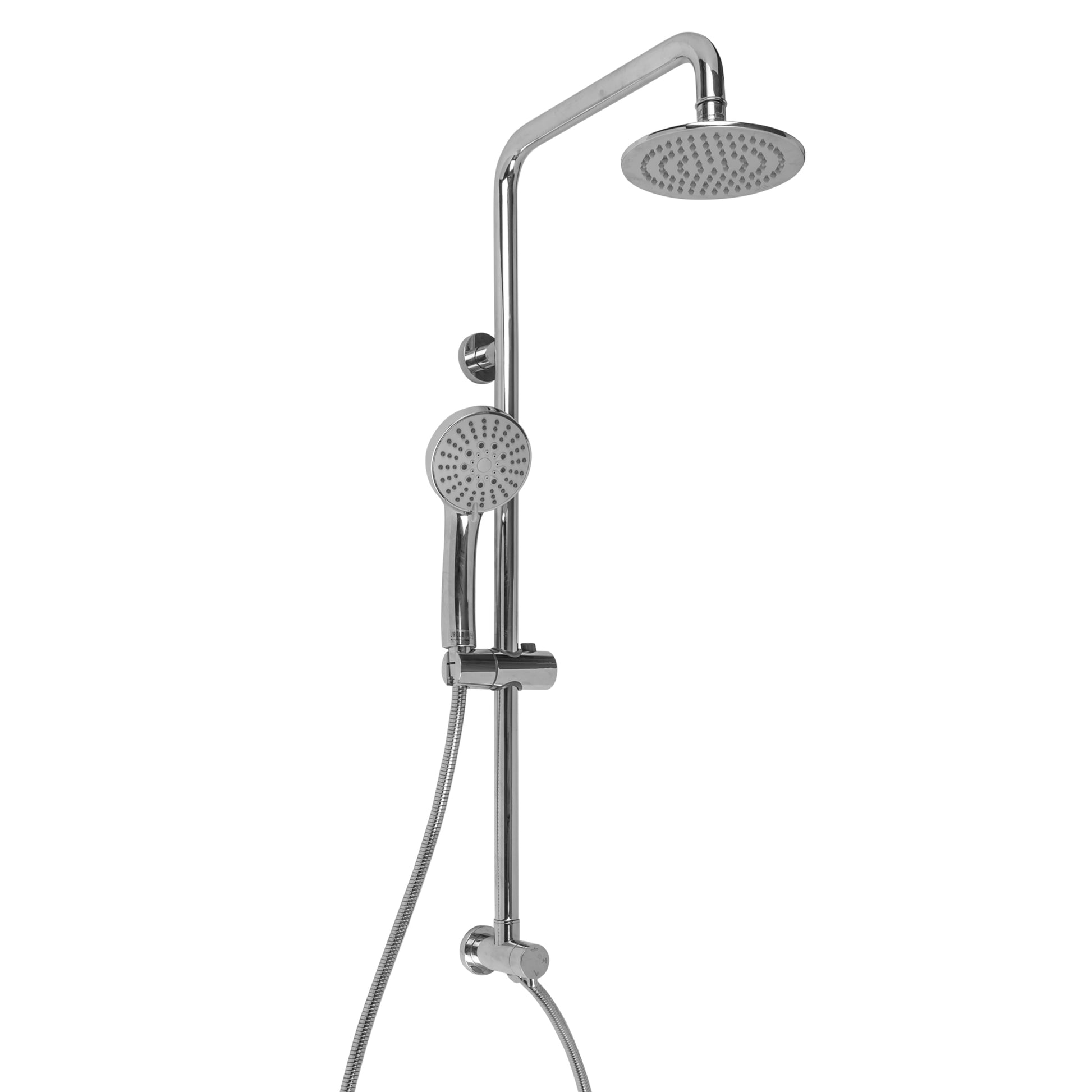 Satin nickel exposed pipe shower system with overhead rainfall head, handheld slider showerhead, and diverter valve.