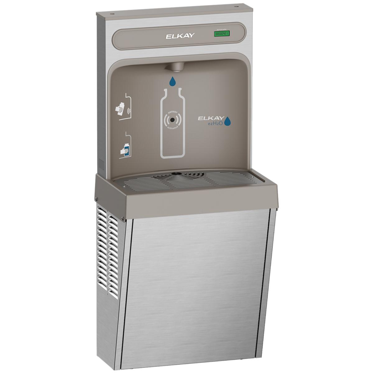 Elkay stainless steel bottle filling station with refrigerated water dispenser and drip tray mounted on stand.