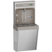 Elkay stainless steel bottle filling station with refrigerated water dispenser and drip tray mounted on stand.