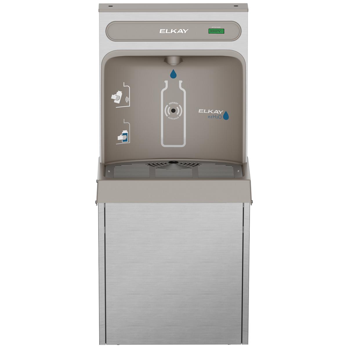 Stainless steel Elkay ezH2O bottle filling station with refrigeration unit, drip tray, and digital display mounted on stand.