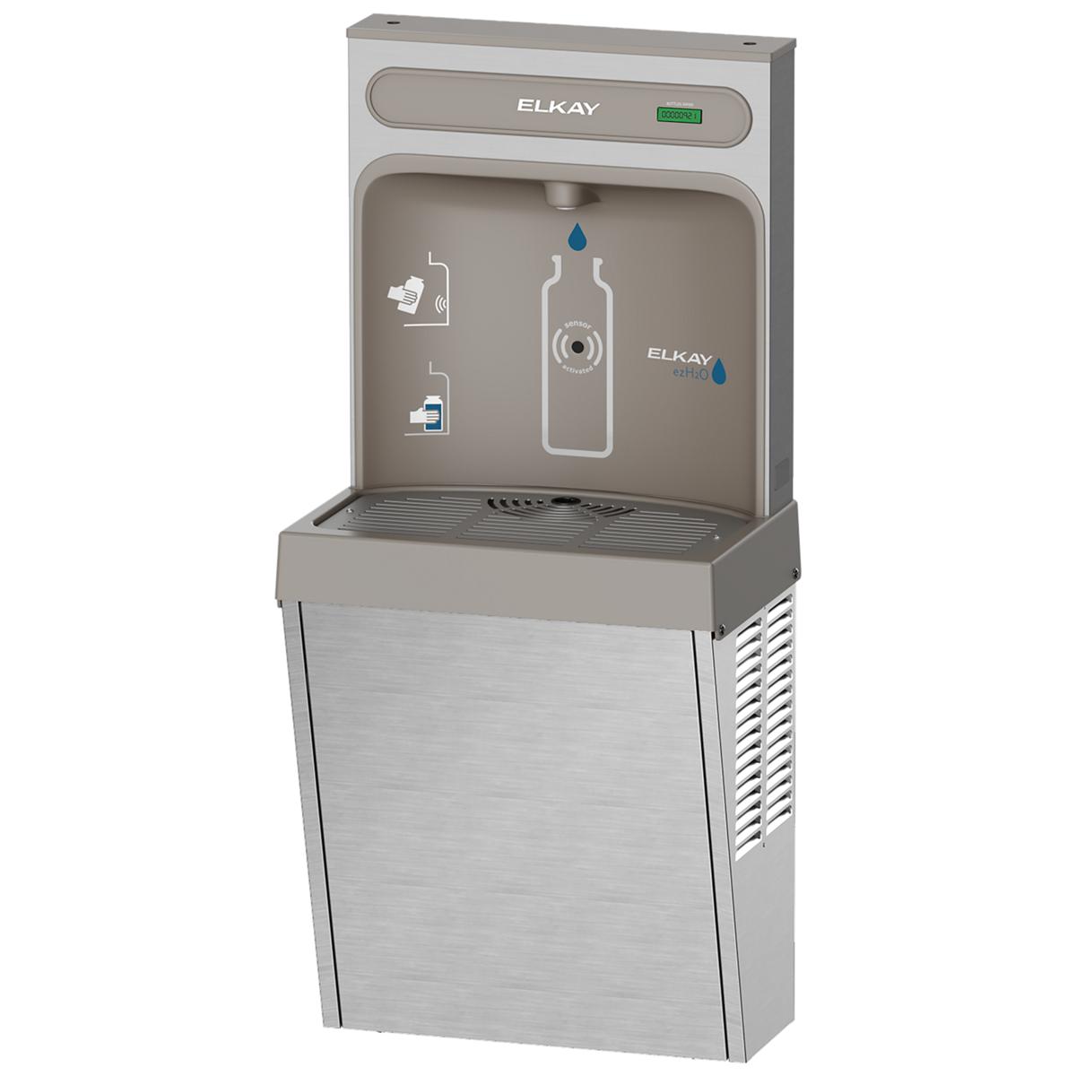 Stainless steel Elkay ezH2O refrigerated bottle filling station with gray front panel and drip tray.
