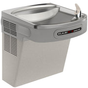 Light gray granite wall-mounted water cooler with curved stainless steel basin and hands-free activation lever on right side.