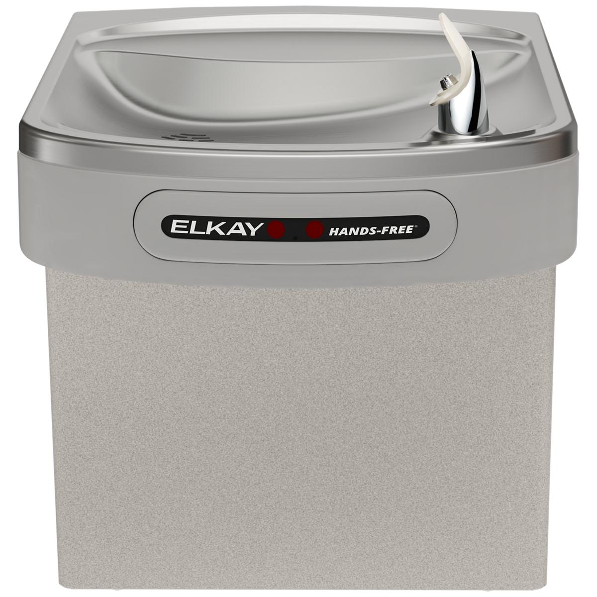 Light gray granite wall-mounted water cooler with curved basin, chrome trim, and hands-free activation sensor.