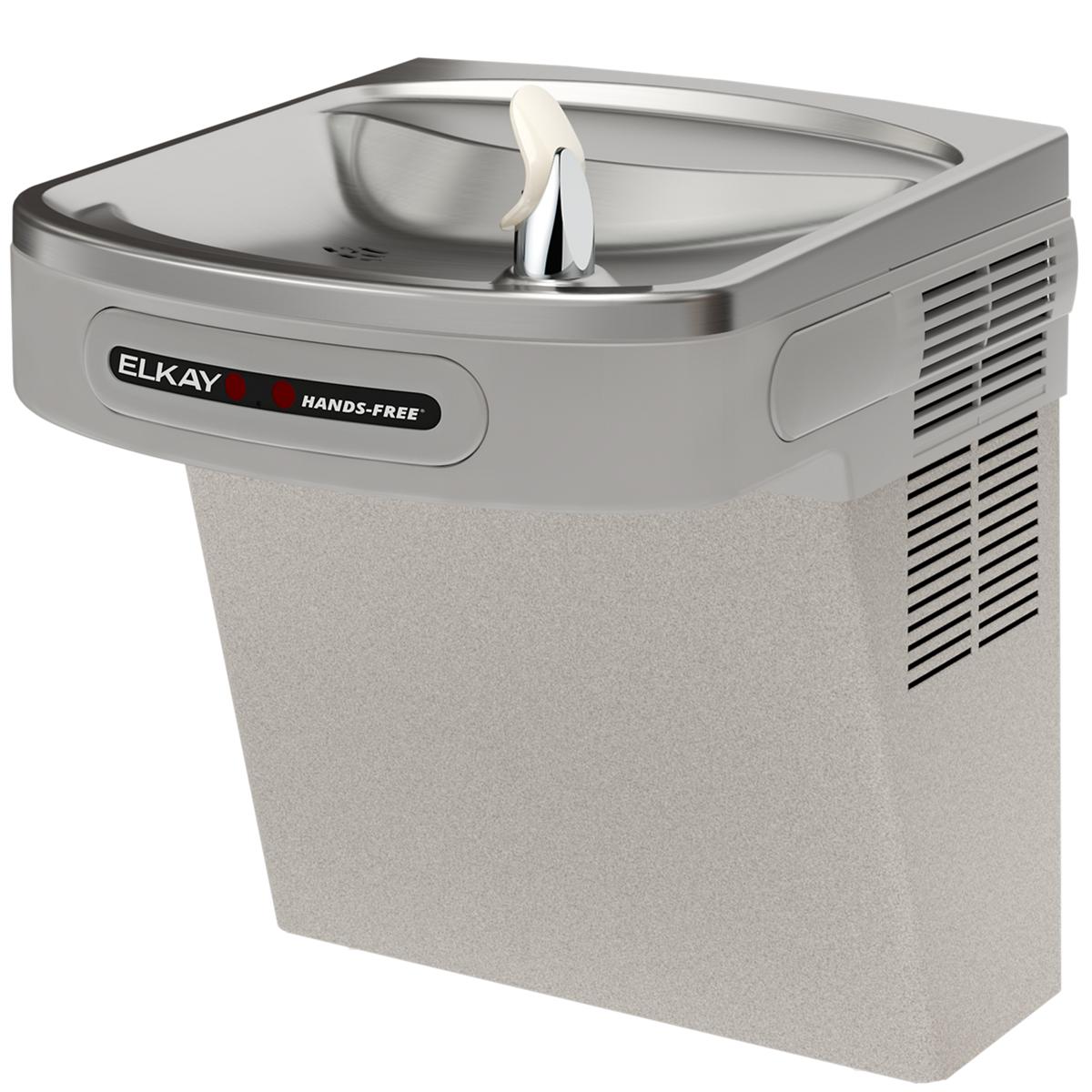 Light gray granite wall-mounted water cooler with stainless steel top, hands-free activation sensor, and refrigeration unit o