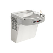 Stainless steel wall-mounted water cooler with curved basin and hands-free activation lever on right side.