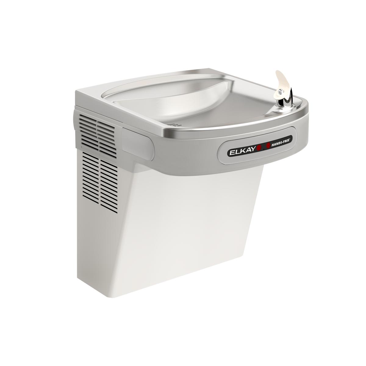 Stainless steel wall-mounted water cooler with curved basin and hands-free activation lever on right side.