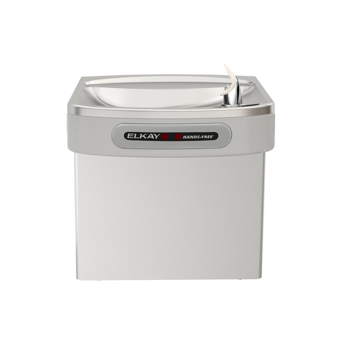 Stainless steel wall-mounted water cooler with curved drinking basin and hands-free activation button.