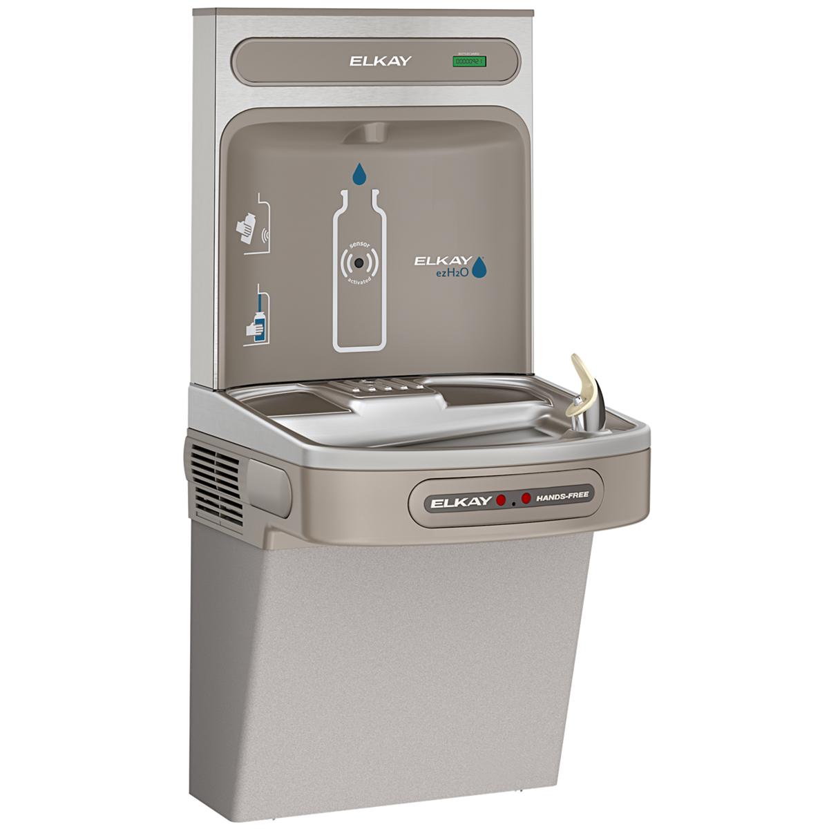 Light gray Elkay ezH2O bottle filling station with hands-free activation, integrated cooler, and drinking fountain basin.