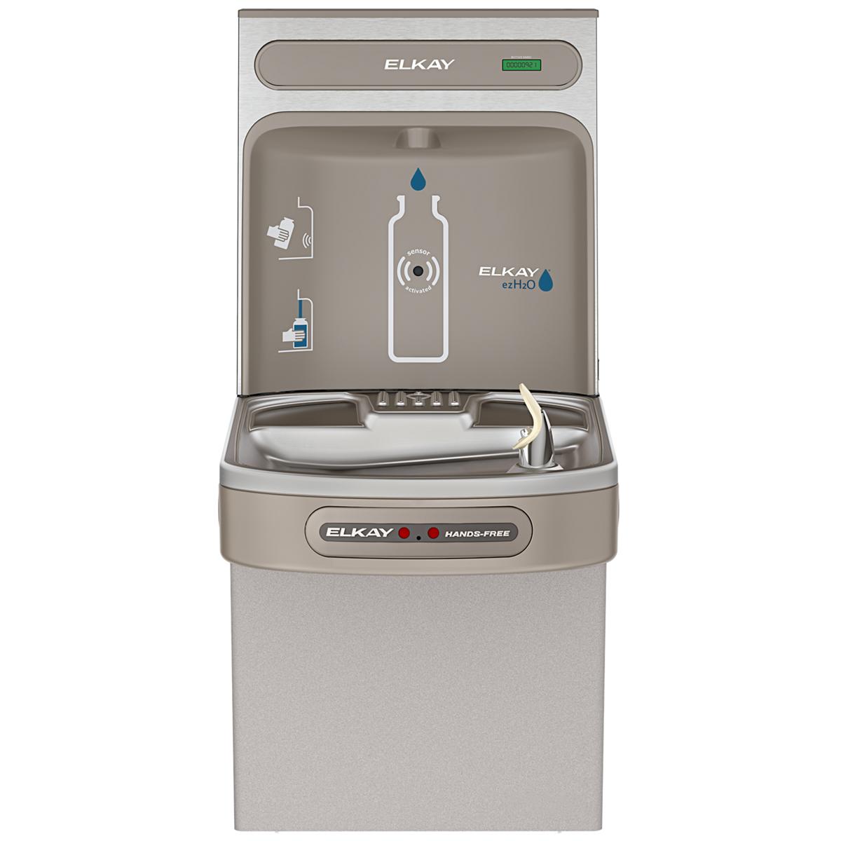 Light gray Elkay bottle filling station with hands-free activation, single cooler compartment, and bottle fill spout.